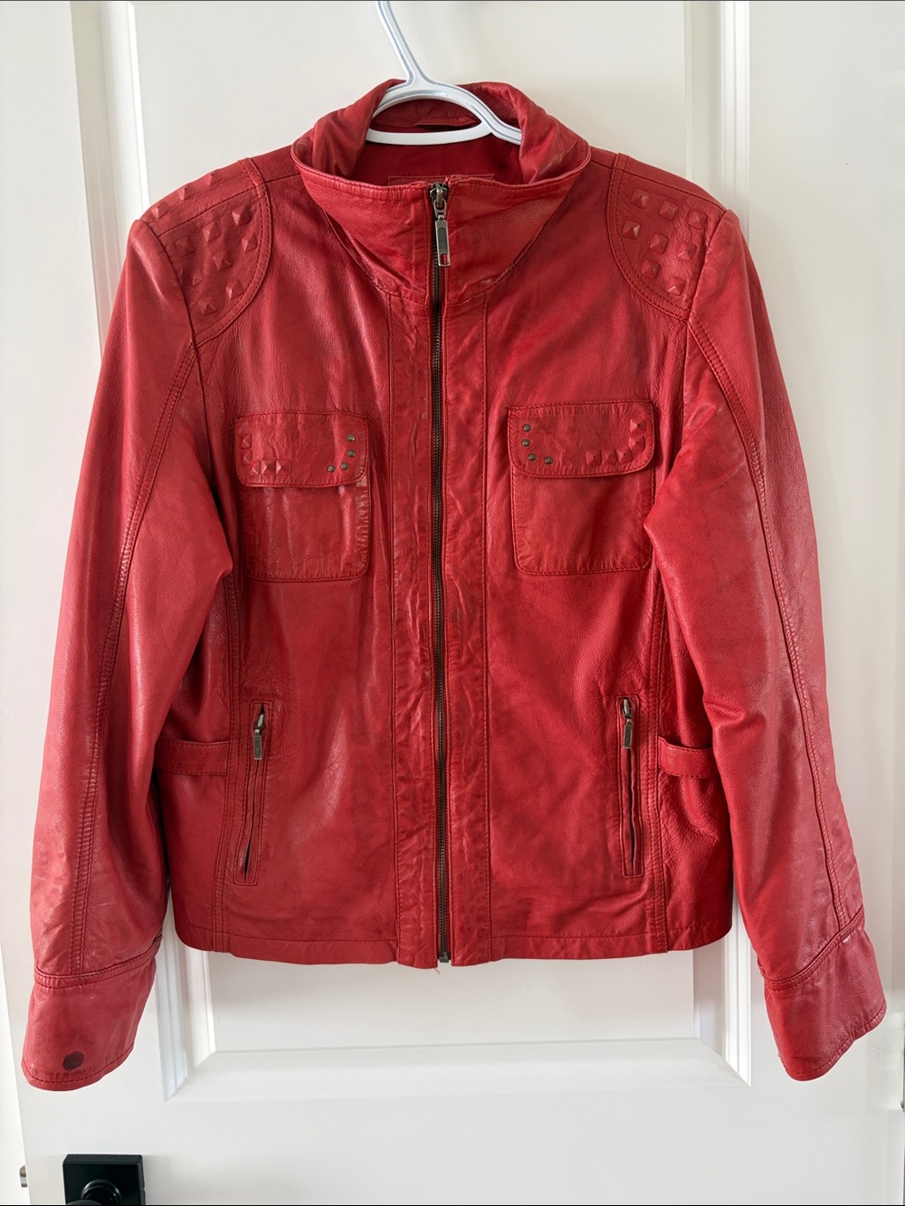 Women's Red Stud-Accent Leather Zip Jacket